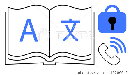 Open book with one page having letter A and the other with a foreign character. Blue phone with signal lines and a blue padlock with keyhole beside the book. Ideal for language learning, translation Open book with one page having letter A and the other with a foreign character. Blue phone with signal lines and a blue padlock with keyhole beside the book. Ideal for language learning, translation 119206641