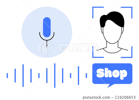 A microphone symbol indicates voice recognition. A faceless user profile suggests personalized services. A waveform visualizes sound. A speech bubble with shop signifies online shopping. Ideal for 119206653