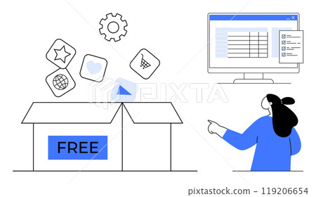 Open box with the word FREE floating icons like star, heart, shopping cart, and web globe. A person pointing to a computer screen displaying a software interface. Ideal for free software, user 119206654