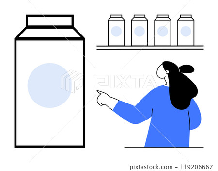 Woman with black hair and blue sweater pointing at milk cartons on shelf with large milk carton on left. Ideal for retail, grocery shopping, product choice, consumer behavior, marketing 119206667
