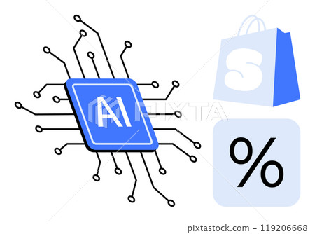 A blue AI microchip, a shopping bag with an S logo, and a percentage symbol Ideal for e-commerce, retail technology, AI integration, sales predictions, and digital marketing designs Clean vector style 119206668