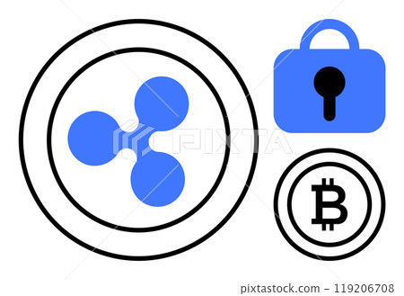 Three blue and black symbols. Ripple logo within a circle. Blue lock indicating security and encryption. Bitcoin logo within a circle. Ideal for cryptocurrency blockchain technology digital finance 119206708