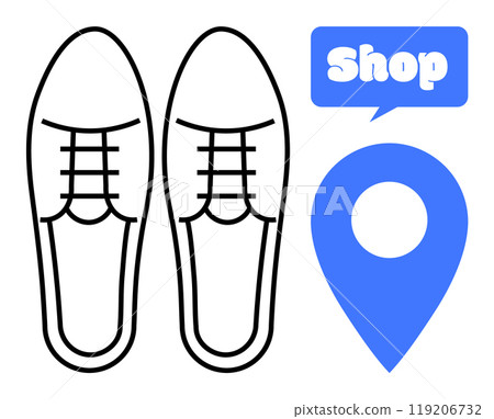 Two outlined shoes and a location pin with the word Shop inside a speech bubble. Ideal for retail, fashion, maps, footwear, shopping guides, and e-commerce themes. Simple line art style Two outlined shoes and a location pin with the word Shop inside a speech bubble. Ideal for retail, fashion, maps, footwear, shopping guides, and e-commerce themes. Simple line art style 119206732