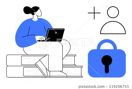 Woman sitting on a stack of books while working on a laptop. Adjacent are icons representing user addition and security lock themes. Simplistic and modern style. Ideal for online learning, remote Woman sitting on a stack of books while working on a laptop. Adjacent are icons representing user addition and security lock themes. Simplistic and modern style. Ideal for online learning, remote 119206733