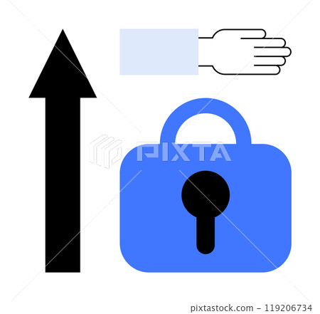 Large black arrow, blue lock with keyhole, open hand with extended fingers on light background. Ideal for security, control, access, navigation, user interface. Simple modern style Large black arrow, blue lock with keyhole, open hand with extended fingers on light background. Ideal for security, control, access, navigation, user interface. Simple modern style 119206734