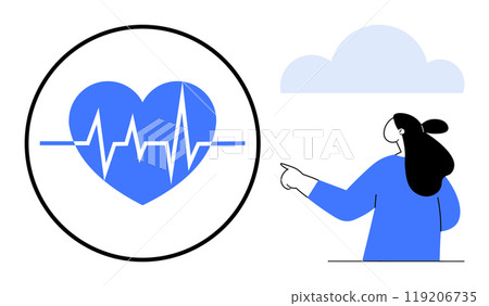 Blue heart with heartbeat line inside circle next to woman pointing at cloudy sky. Ideal for health, wellness, cardiology, healthcare, and fitness. Simple modern style 119206735