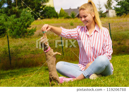 Woman playing with little dog outside 119206788