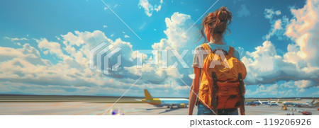 Woman with a backpack standing at an airport terminal with planes and a blue sky with clouds. Travel and adventure concept. Banner with copy space 119206926