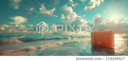 Orange suitcase on a beach at sunset with ocean waves. Travel and vacation concept. Banner with copy space 119206927