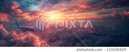 Airplane Flying Through Dramatic Sunset Clouds. Airplane flying above clouds during a dramatic sunset, with vibrant colors and stunning sky view from above. Banner with copy space 119206929