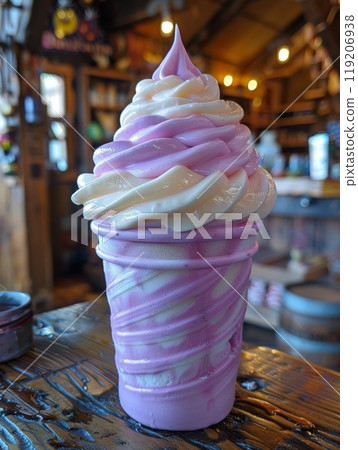 Swirled Soft Serve Ice Cream in Cup. A cup of swirled soft serve ice cream, featuring pink and white colors, served in a cozy, rustic setting. Swirled Soft Serve Ice Cream in Cup. A cup of swirled soft serve ice cream, featuring pink and white colors, served in a cozy, rustic setting. 119206938