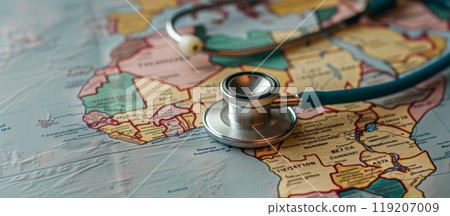 Stethoscope on a map of Africa. Global healthcare and medical services concept. 119207009