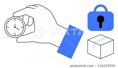 Hand holding a clock next to a blue lock and a box. Ideal for time management, security, punctuality, logistics, delivery. Clean vector style with simple and clear visuals 119207050
