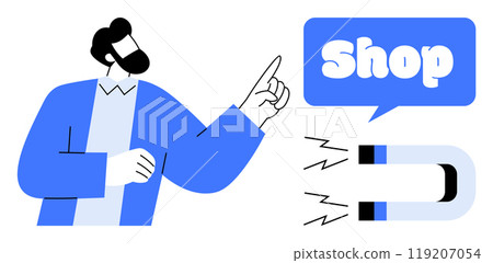 A man in blue points towards the word Shop in a speech bubble with a magnet icon nearby. Ideal for marketing online shopping e-commerce customer attraction and business promotion. Simplistic graphic A man in blue points towards the word Shop in a speech bubble with a magnet icon nearby. Ideal for marketing online shopping e-commerce customer attraction and business promotion. Simplistic graphic 119207054