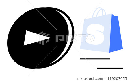 A blue shopping bag with an S logo, a black play button symbol, and three lines. Ideal for e-commerce, online shopping, digital marketing, multimedia design, and tech startups. Flat modern style A blue shopping bag with an S logo, a black play button symbol, and three lines. Ideal for e-commerce, online shopping, digital marketing, multimedia design, and tech startups. Flat modern style 119207055