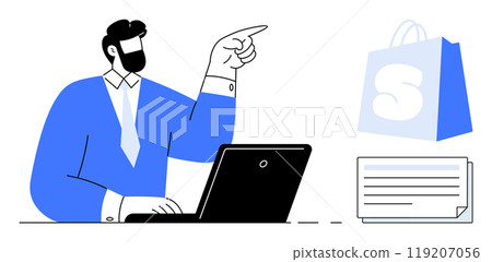 Man wearing blue suit pointing while working on laptop. Shopping icon and information papers float nearby. Ideal for business presentations, e-commerce, online shopping, technology and communication 119207056