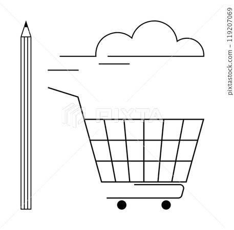 Shopping cart with cloud and pencil. Ideal for creative ideas, online shopping, innovation, e-commerce, and modern design. Simple, minimalist, and clean style 119207069
