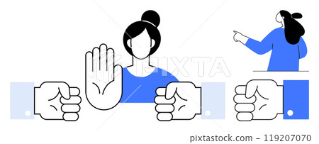 A woman with a bun raises her hand in a stop gesture, with fists on either side and a pointing figure in the background. Ideal for themes like boundary-setting, assertiveness, resistance, conflict 119207070
