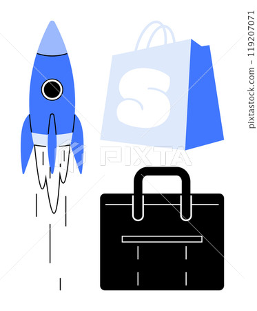 Blue rocket launching upward alongside a light blue shopping bag with a letter S and a black business briefcase. Ideal for startups, e-commerce, business growth, retail marketing, entrepreneurship Blue rocket launching upward alongside a light blue shopping bag with a letter S and a black business briefcase. Ideal for startups, e-commerce, business growth, retail marketing, entrepreneurship 119207071