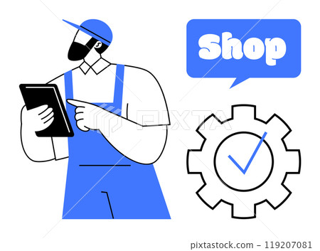 A mechanic in blue overalls and cap is holding a tablet while pointing at it. A speech bubble with the word Shop and a large gear with a checkmark are visible. Ideal for service industry, automotive 119207081