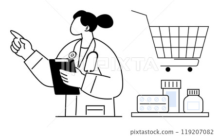 A healthcare professional holding a clipboard with medical supplies and a shopping cart. Ideal for online pharmacy concepts, medical shopping, healthcare services, telemedicine, medication provision 119207082