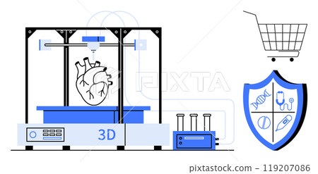 A 3D printer fabricates a heart model beside healthcare icons like a shopping cart and medical shield. Ideal for medical innovation, biotechnology, healthcare technology, futuristic medicine 119207086