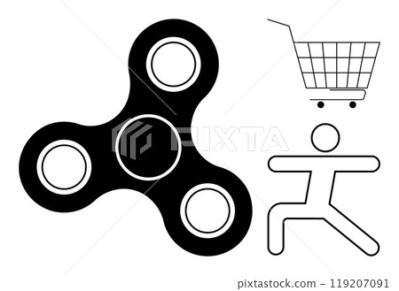 Black and white fidget spinner next to a shopping cart and a stick figure in a simplistic design. Ideal for stress relief, commerce, shopping, fitness, and minimalistic design. Black and white Black and white fidget spinner next to a shopping cart and a stick figure in a simplistic design. Ideal for stress relief, commerce, shopping, fitness, and minimalistic design. Black and white 119207091