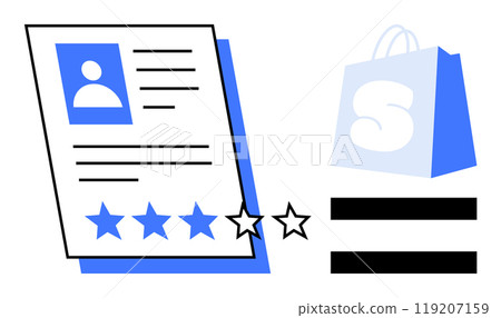 Customer profile with a three-star rating shown alongside a shopping bag icon. Ideal for online reviews, ecommerce, user feedback, customer satisfaction, and digital marketing. Clean vector 119207159