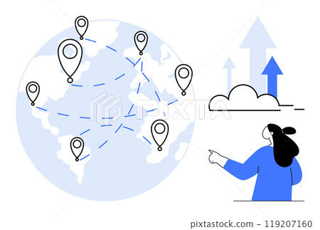 A global network map with location markers scattered across continents person pointing at cloud containing upward arrows. Ideal for global connectivity cloud computing technological growth digital A global network map with location markers scattered across continents person pointing at cloud containing upward arrows. Ideal for global connectivity cloud computing technological growth digital 119207160