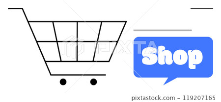 A black shopping cart and a blue speech bubble with the word Shop highlight the concept of online shopping. Ideal for e-commerce, retail, digital advertisements, business presentations, and web 119207165
