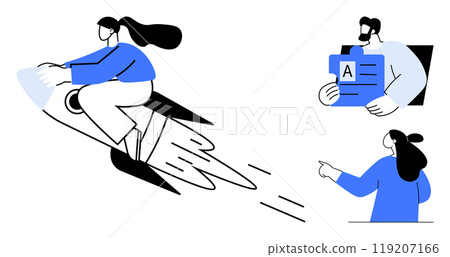 Person flying on a rocket symbolizes rapid growth, another holding a document signifies strategy, and a third pointing indicates direction. Ideal for business, success, teamwork, innovation 119207166