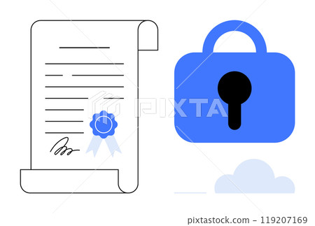 A symbolic document with a blue seal and signature next to a blue padlock above a cloud. Ideal for technology, digital security, certification, data protection, and cybersecurity. Modern flat style 119207169