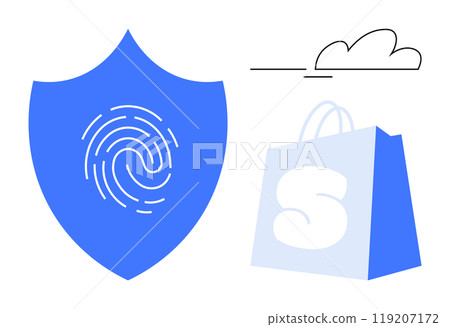 Blue shield with fingerprint and shopping bag with S on it and cloud. Ideal for security, online shopping, safety, cyber protection, e-commerce. Simplified lines, flat colors, modern minimalistic 119207172