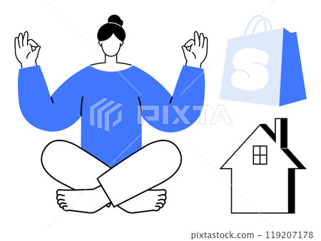 Woman in relaxed meditation pose, cross-legged with hands in mudra gesture. Nearby, a shopping bag with an S and a house outline. Ideal for mindfulness, shopping, ecommerce, home life, simplicity 119207178