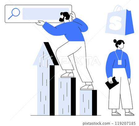 Two characters in blue attire focus on business growth. One climbs a bar graph holding a search bar while the other holds a clipboard. Ideal for business growth, search optimization, e-commerce Two characters in blue attire focus on business growth. One climbs a bar graph holding a search bar while the other holds a clipboard. Ideal for business growth, search optimization, e-commerce 119207185