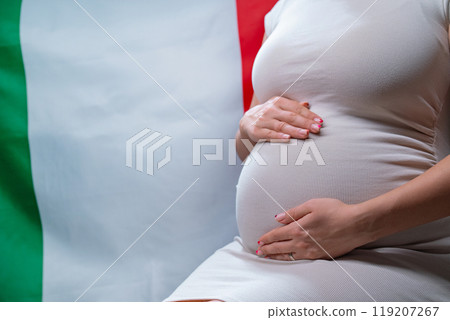 Unrecognizable Future Mother Expecting Baby On Italy National Flag Background 119207267