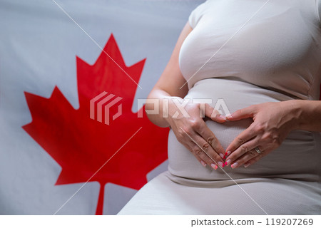 Unrecognizable Future Mother Expecting Baby On Canadian National Flag Background 119207269