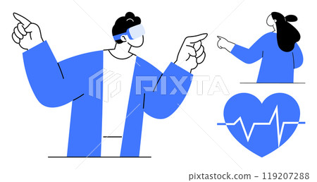 Medical professionals point while a heart with a heartbeat line represents health. Ideal for medical technology, healthcare, medical advice, virtual reality in medicine, and health promotion. Simple 119207288