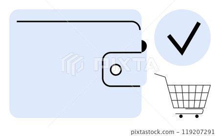 Wallet alongside a checkmark and shopping cart. Ideal for e-commerce, secure transactions, online payments, financial management, digital wallets. Simple clean style. Colors are light blue and black 119207291