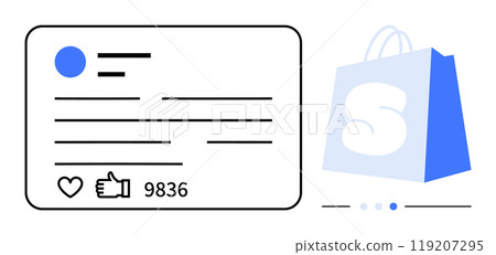 Social media post layout with engagement metrics alongside a shopping bag. Ideal for digital marketing, social media engagement, e-commerce, online shopping trends, brand promotion. Simple clean Social media post layout with engagement metrics alongside a shopping bag. Ideal for digital marketing, social media engagement, e-commerce, online shopping trends, brand promotion. Simple clean 119207295