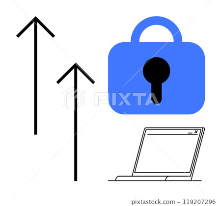 Blue lock icon a laptop and two arrows pointing upward. Ideal for cyber security data protection internet privacy online safety and software updates. Minimal simple modern style Blue lock icon a laptop and two arrows pointing upward. Ideal for cyber security data protection internet privacy online safety and software updates. Minimal simple modern style 119207296