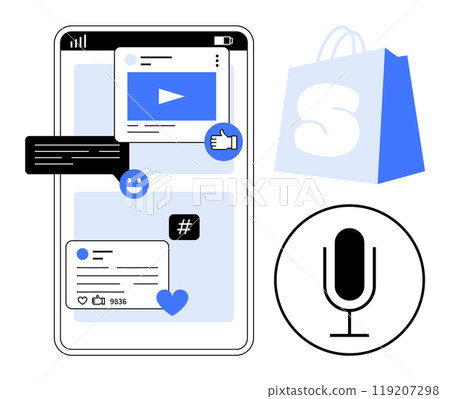 Smartphone screen with social media interface includes thumbs up and comments happy face video play button microphone symbol hashtag shopping bag. Ideal for social media marketing ecommerce 119207298