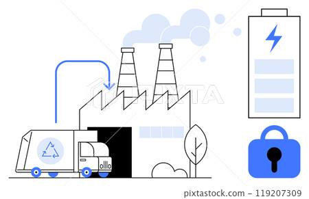 Electric recycling truck at a factory with a battery and padlock. Ideal for sustainability ecology energy security recycling and environment themes. Featured in clean and modern vector style art 119207309