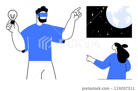 Person wearing VR headset holding light bulb while pointing, another person pointing at space scene with Earth and stars. Ideal for science, technology, innovation, education, and exploration themes 119207311