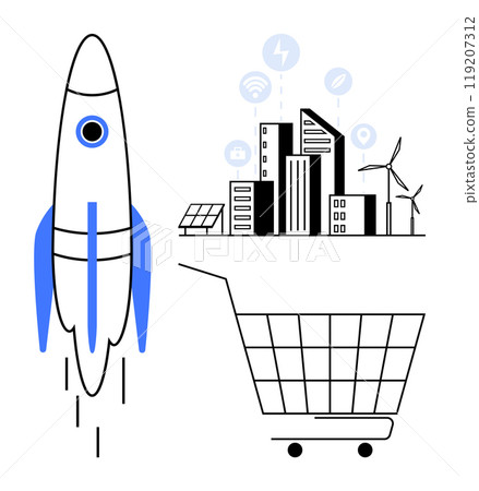 A rocket launching with a city skyline and a shopping cart. City has wind turbines and solar panels. Ideal for innovation, sustainability, smart technology, urban planning, e-commerce. Minimalist 119207312