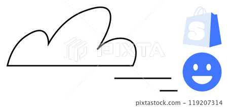 Simple design of a cloud with a blue shopping bag and a blue smiling face beside it. Ideal for e-commerce, online shopping, cloud services, digital marketing, and customer satisfaction. Minimalist 119207314