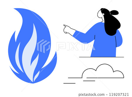 A woman with long hair points at a towering blue flame with a cloud below. Ideal for safety, fire awareness, energy, weather, educational themes. Modern and minimalistic style 119207321