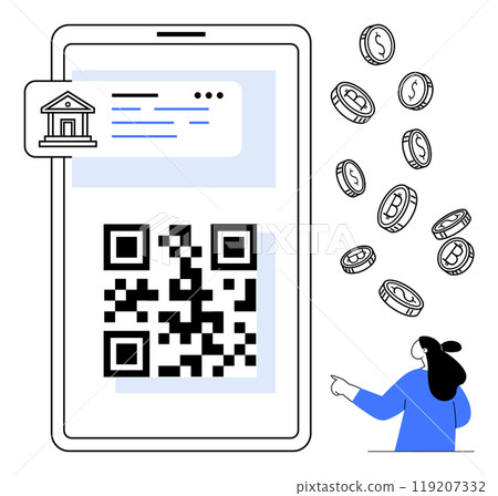 A smartphone screen displays a QR code for secure banking transactions. Surrounding coins represent various cryptocurrencies. A person in blue interacts with the interface. Ideal for digital 119207332