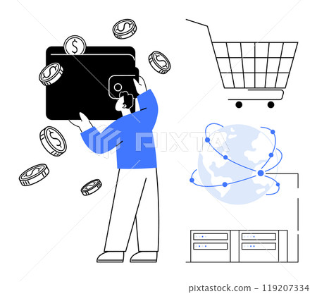 Person holding large digital wallet with coins floating, shopping cart, globe with connectivity lines, and servers. Ideal for e-commerce, online payments, global trade, data management, technology 119207334