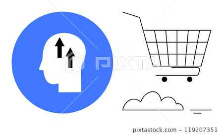 Head with upward arrows signifying growth and a shopping cart on a white background with cloud. Ideal for business, e-commerce, marketing, consumer behavior, digital growth. Simple, modern, clean 119207351